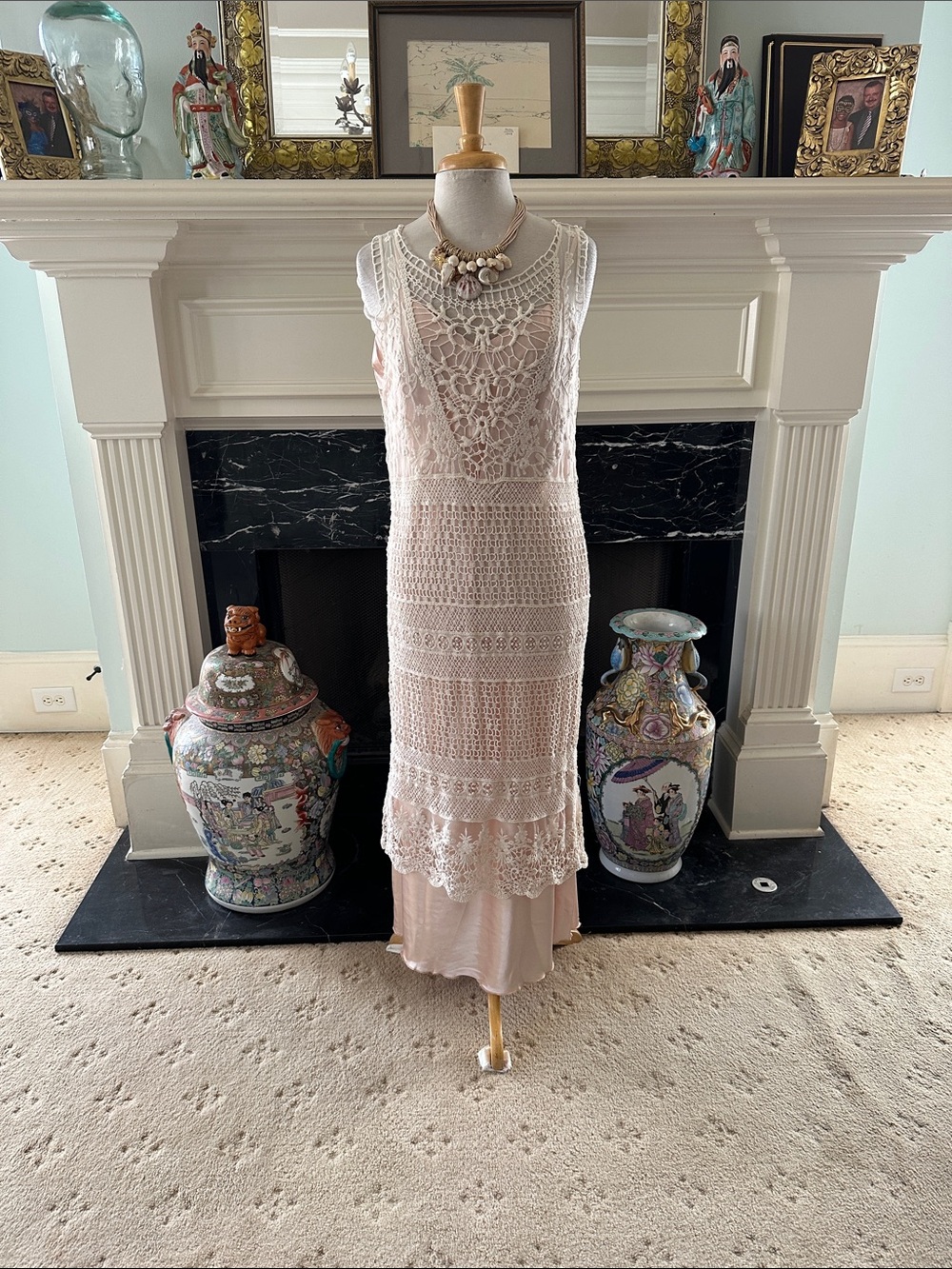 Sleeveless Crochet Maxi Dress in Pale Pink by